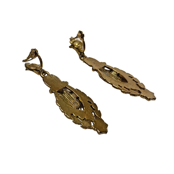 Vintage Dramatic Goldtone Faux Pearl Clip On Earrings Old Hollywood Dangle Drop - Picture 3 of 5